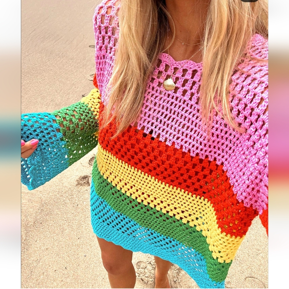 BNWT Show Me Your Mumu Paula Pullover Bright Stripe Rainbow - Picture 2 of 7